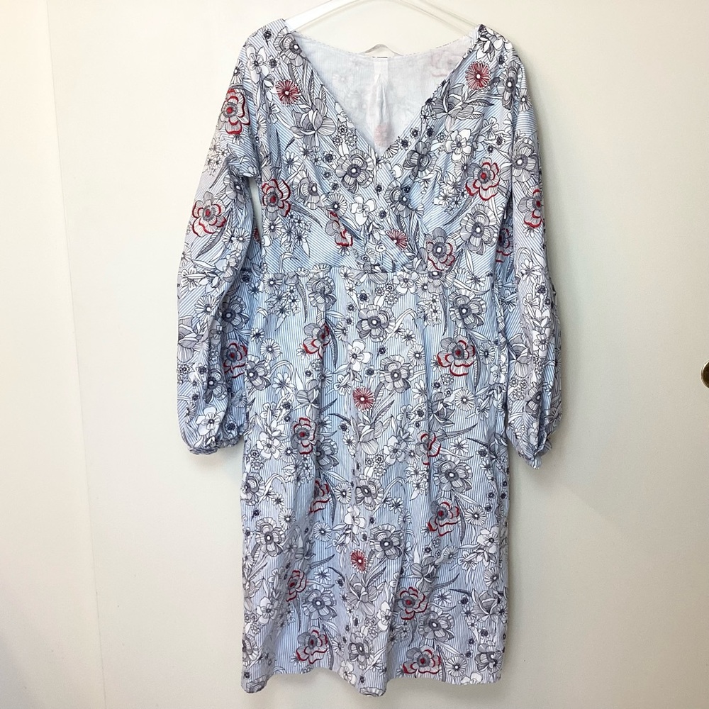 eShakti Long Sleeve Surplice Top Stripe & Floral Midi Dress - Blue - XL (16)